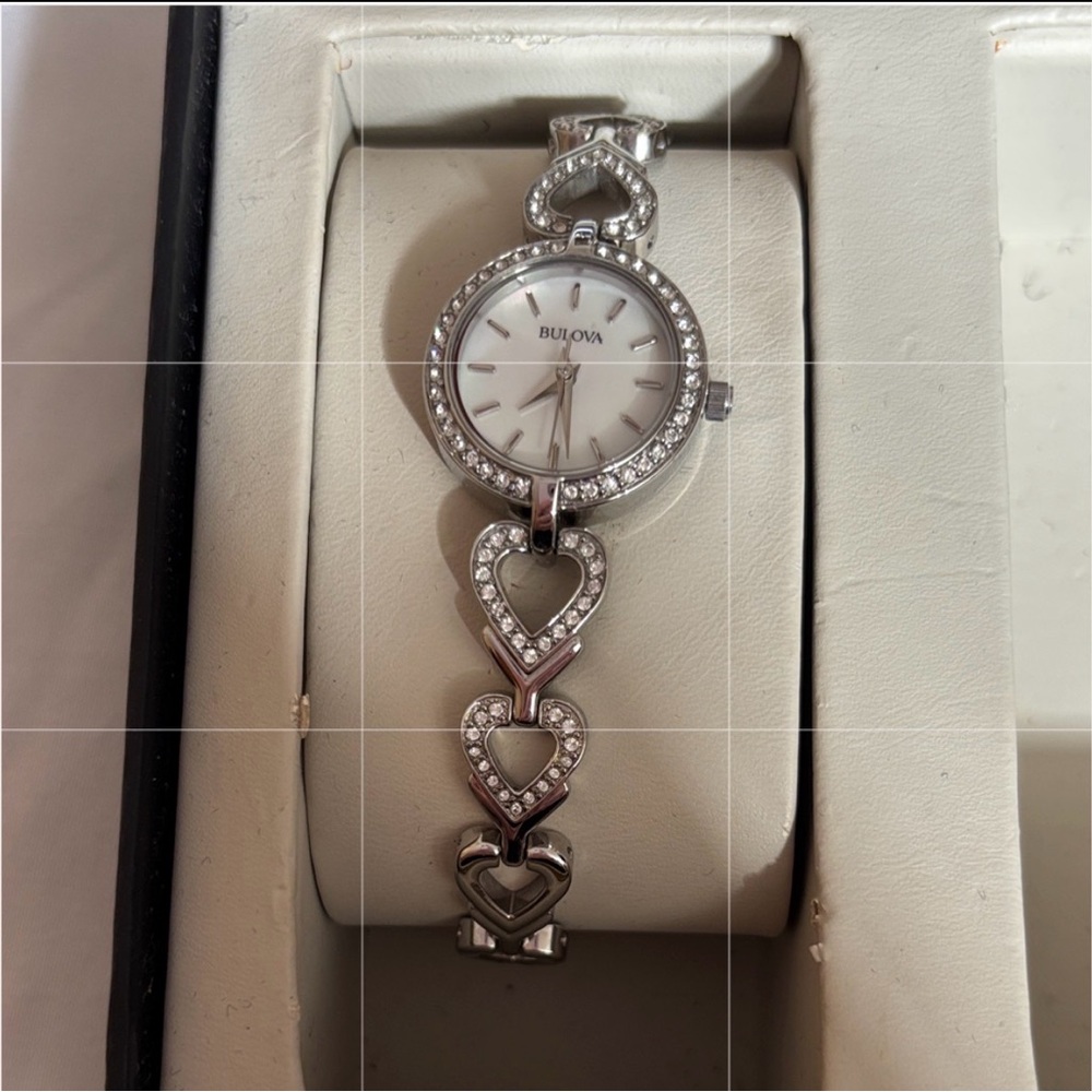 Bulova Silver Heart-Link Crystal Accent Women's Watch